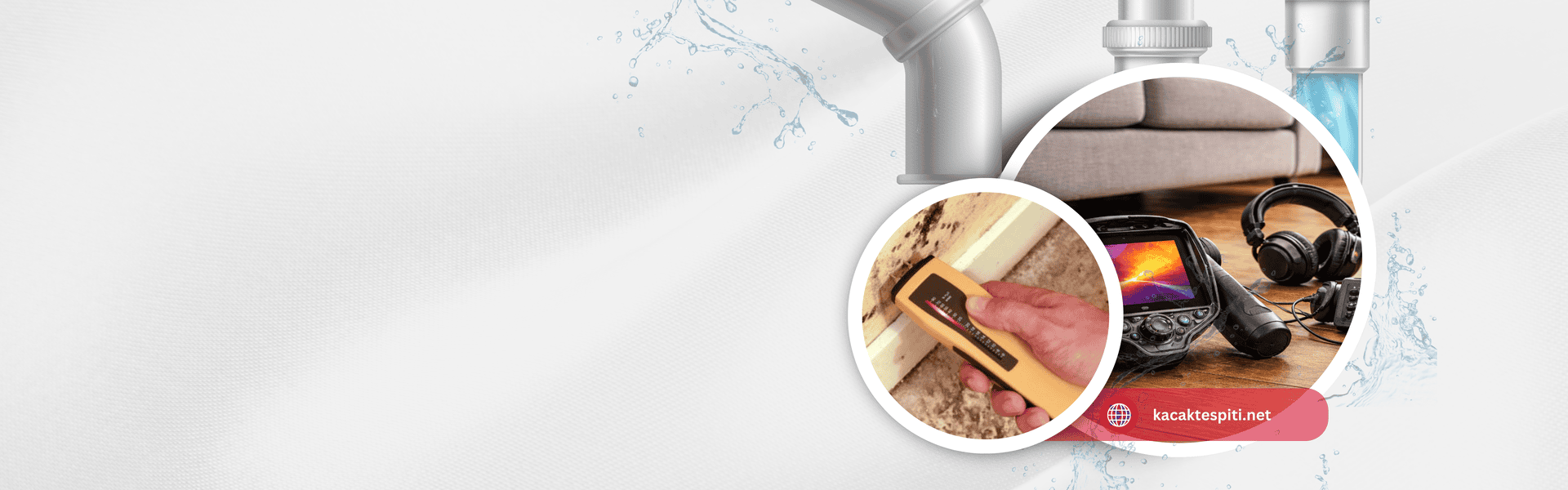 Termal kamera ve akustik yer dinleme cihazı ile evde kırmadan su sızıntısı arama çalışması yapan tesisat ustası.